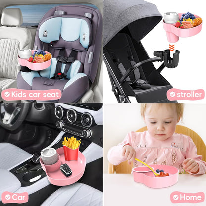 Kids Car Seat Tray, Travel Tray with Cup Holder for Toddler, Baby Car Seat Food Snack Organizer for Road Trip, Stroller snack tray travel must haves (Black 2 Packs)