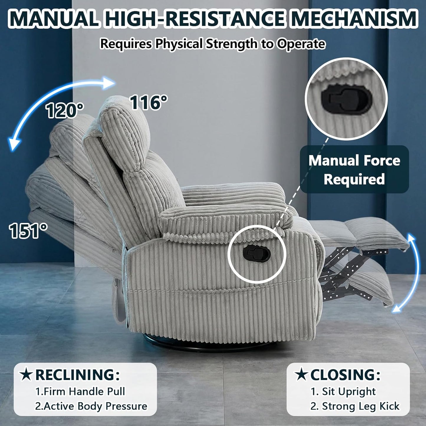 Manual Small Recliner Rocking Chair for Nursery/Relaxation, Corduroy Swivel Glider Recliner for Living Room Bedroom, Brown Rocking Chair Nursery Recliners for Small Spaces, Side Pockets (Brown)