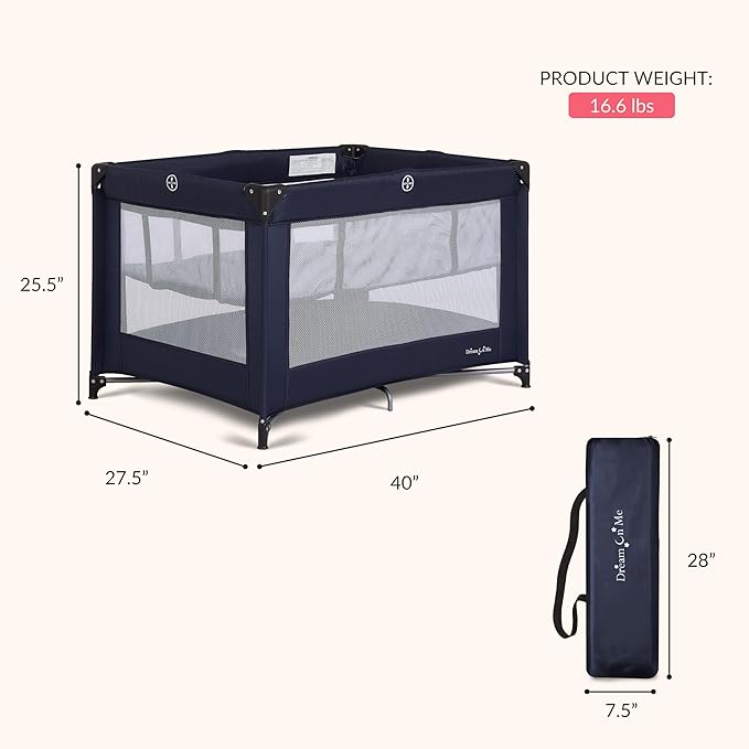 Dream On Me Zazzy Portable Playard with Bassinet - 360° Mesh Visibility, Quick Folding Travel Friendly Design, Carry Bag and Foldable Mattress Pad Included, Compact and Lightweight - Navy