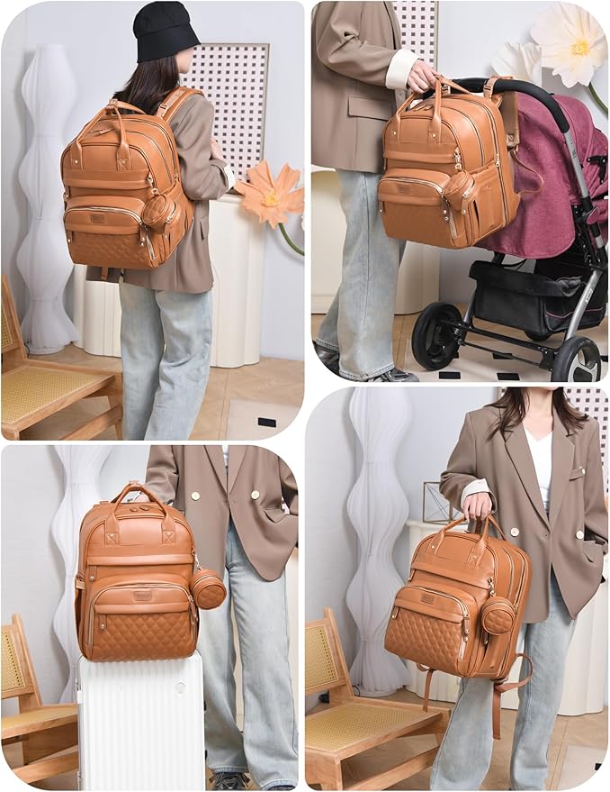 Diaper Bag Backpack with Changing Station, Newborn Essentials Must Haves, Water-Resistant Vegan Leather Diaper Backpack, Large Capacity Baby Travel Bag with Stroller Straps, Unisex Brown