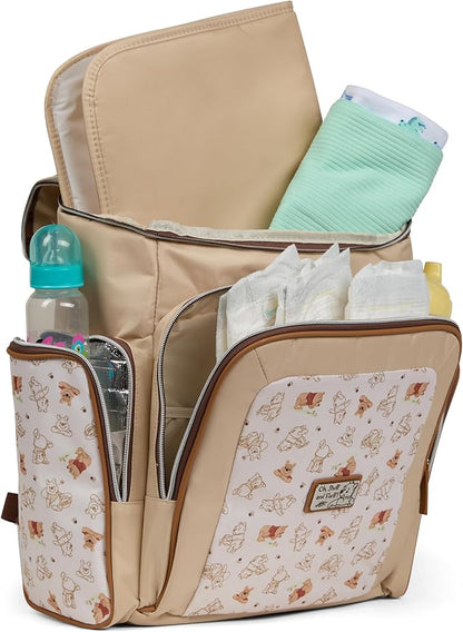 Disney Diaper Bag Backpack with Changing Pad Winnie the Pooh – 16” Nylon Baby Bag for Parents, Insulated Bottle Holders, Multiple Storage Pockets