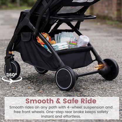 INFANS Travel Stroller, Lightweight Compact Baby Stroller for Airplane with One-Hand Fold, Multi-Position Recline, Canopy, 4 Wheel Suspension, Storage Basket (Grey+Black)