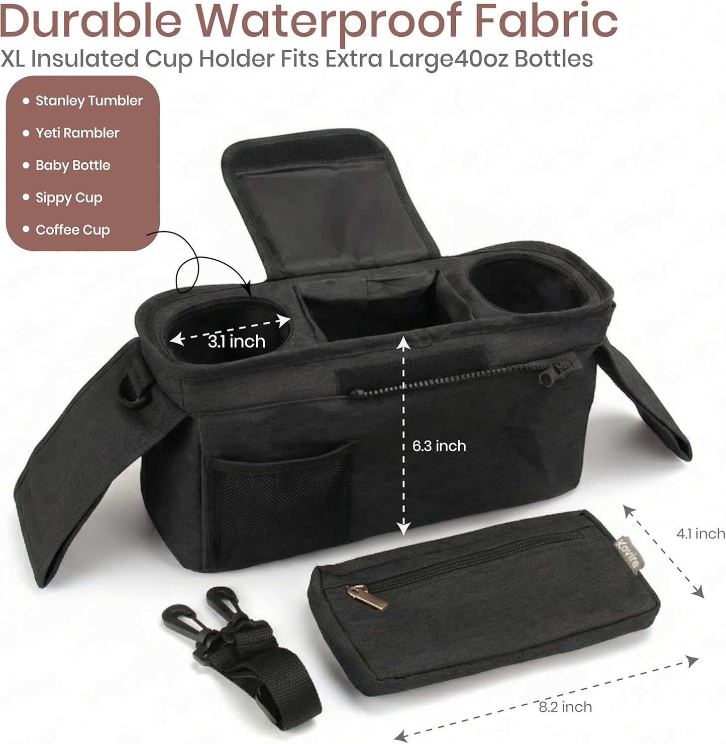 Black Universal Stroller Organizer with 2 Insulated Cup Holders, 3-in-1 Stroller Caddy with Detachable Phone Bag & Non-Slip Shoulder Strap, Fits Uppababy, Nuna, Doona, Baby Essentials