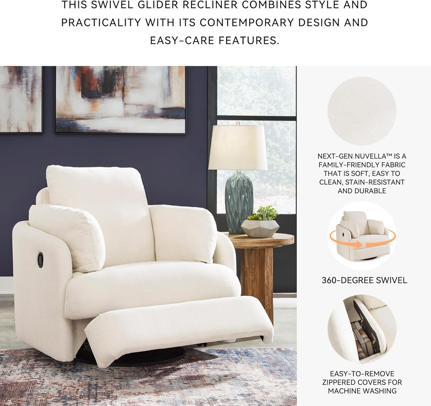 Signature Design by Ashley Modmax Coastal Press-Back Swivel Glider Rocker Recliner with Machine Washable Cover, Hidden Storage Compartments and 2 Bolster Pillows, Beige - Colors B