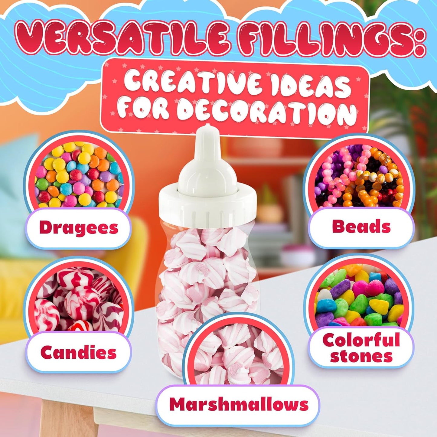 24 Pcs Small Bottles for Mom to Be Party – Clear Fillable Milk-Shaped Containers for Candy, Figurines, Coins, Trinkets – Durable Plastic Decoration for Shower Party Сelebration, Events, Fun Activities