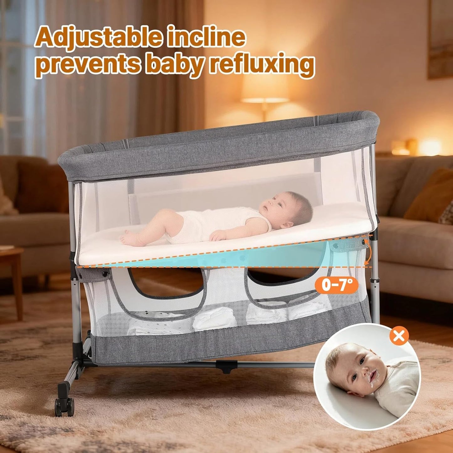 Bassinet Bedside Sleeper, 3-in-1 Baby Bedside Bassinet, 5 Height Adjustable Rocking Baby Crib, Breathable Full Mesh, Mosquito Net, Storage Basket, Stable and Secure Bassinets for Newborn Infant