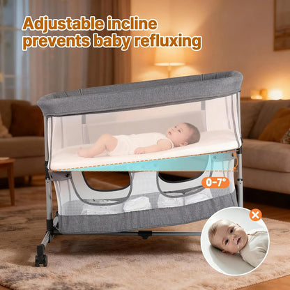 Bassinet Bedside Sleeper, 3-in-1 Baby Bedside Bassinet, 5 Height Adjustable Rocking Baby Crib, Breathable Full Mesh, Mosquito Net, Storage Basket, Stable and Secure Bassinets for Newborn Infant