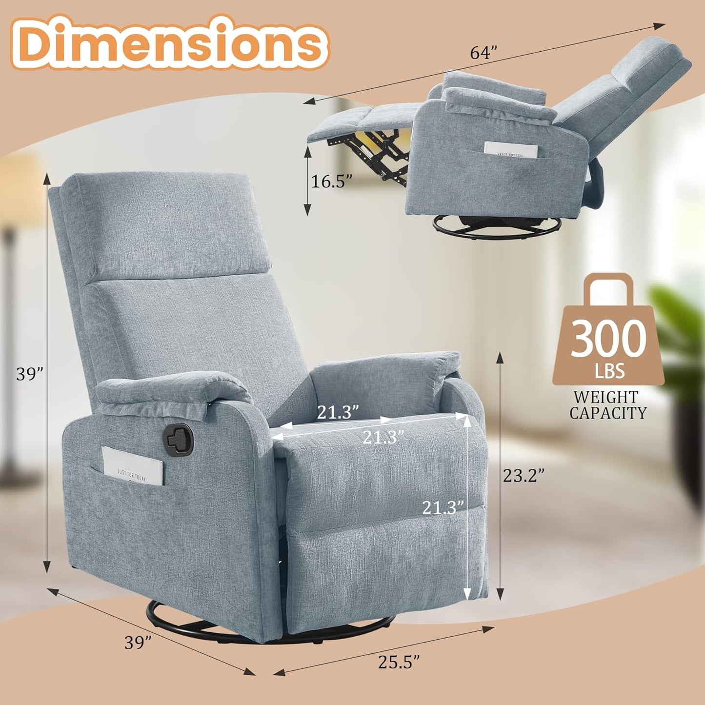 Korser Recliner Chair, Swivel Rocking Recliner Chair for Adults, Glider Rocking Chair, Small Nursery Chair Recliner for Living Room, Reclining Chair with Modern-Designed Armrests, Chenille, Beige