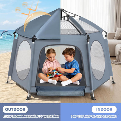 Pop Up Playpen for Baby - Instant Setup Portable Playard with UV Canopy & Mosquito Net - Indoor Outdoor Travel Crib with Carry Bag Grey