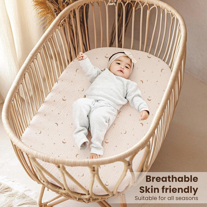 Konssy Muslin Fitted Bassinet Sheets 2 Pack for Baby Girl Boy, Soft Bedside Sleeper Bassinet Sheets Fit for Baby Bassinets, Moses Basket Oval Rectangle Pad/Mattress