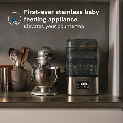 Baby Brezza 10 Minute SuperQuick Bottle Sterilizer + Dryer - Large 8 Bottle Capacity - Steam Sanitization – Universal Fit for All Bottles: Plastic + Glass + Pacifiers + Breast Pump Parts, Stainless