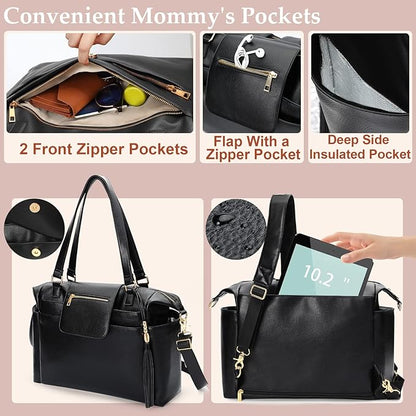 Omanmoli Diaper Bag Tote Leather Diaper Bag Backpack LargeBaby Diaper Bag 14 Diaper Bag Organizing Pouches,Changing Pad,Crossbody Strap,4 Insulated Pockets,Black