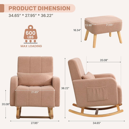 HCHAIRH Nursery Rocking Chair with Ottoman, Upholstered Glider Rocker with High Backrest Side Pocket, Rocking Accent Armchair with Solid Wood Legs for Nursery, Living Room, Bedroom, Light Grey