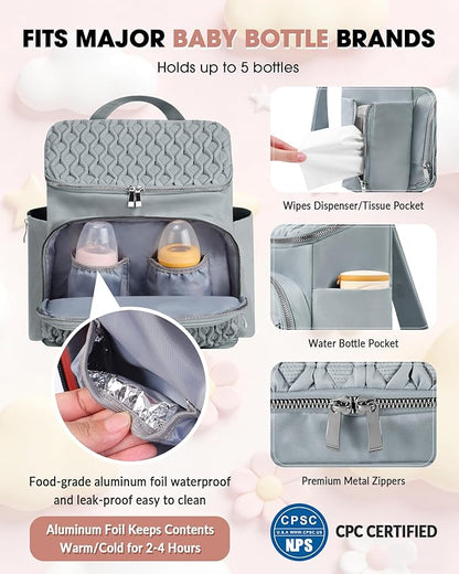 Baby Diaper Bag, Multi-Function Baby Bag for Mom Dad, Diaper Backpack with Changing Pad Stylish Pañaleras para Bebe Stroller Straps, Newborn Baby Essentials Must Haves for Women Grey Green