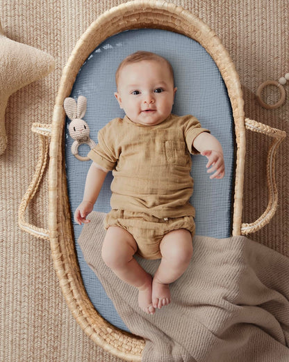 Blissful Diary Muslin Bassinet Sheets for Baby Girls Boys, Boho Soft Cotton Fitted for Oval Hourglass Rectangle Mattress, 2 Pack(Sunshine&Brown)