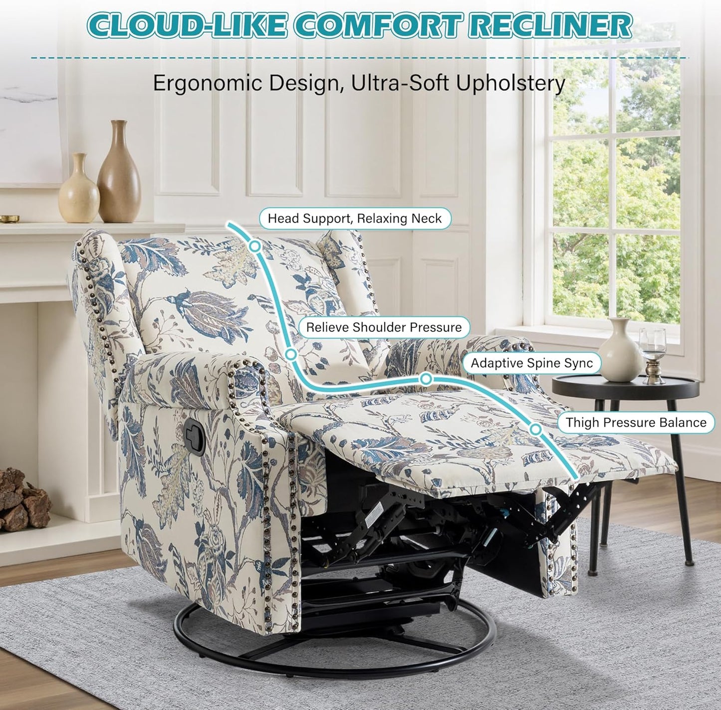 UIXE Swivel Glider Recliner Chair for Adults, High Back Nursery Rocker Floral Upholstered Armchair for Living Room, Manual Reclining Rivet Trim Sofa Lounge with Deep Seat in Fabric - Navy Blue