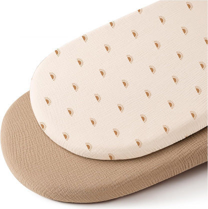 Konssy Muslin Fitted Bassinet Sheets 2 Pack for Baby Girl Boy, Soft Bedside Sleeper Bassinet Sheets Fit for Baby Bassinets, Moses Basket Oval Rectangle Pad/Mattress