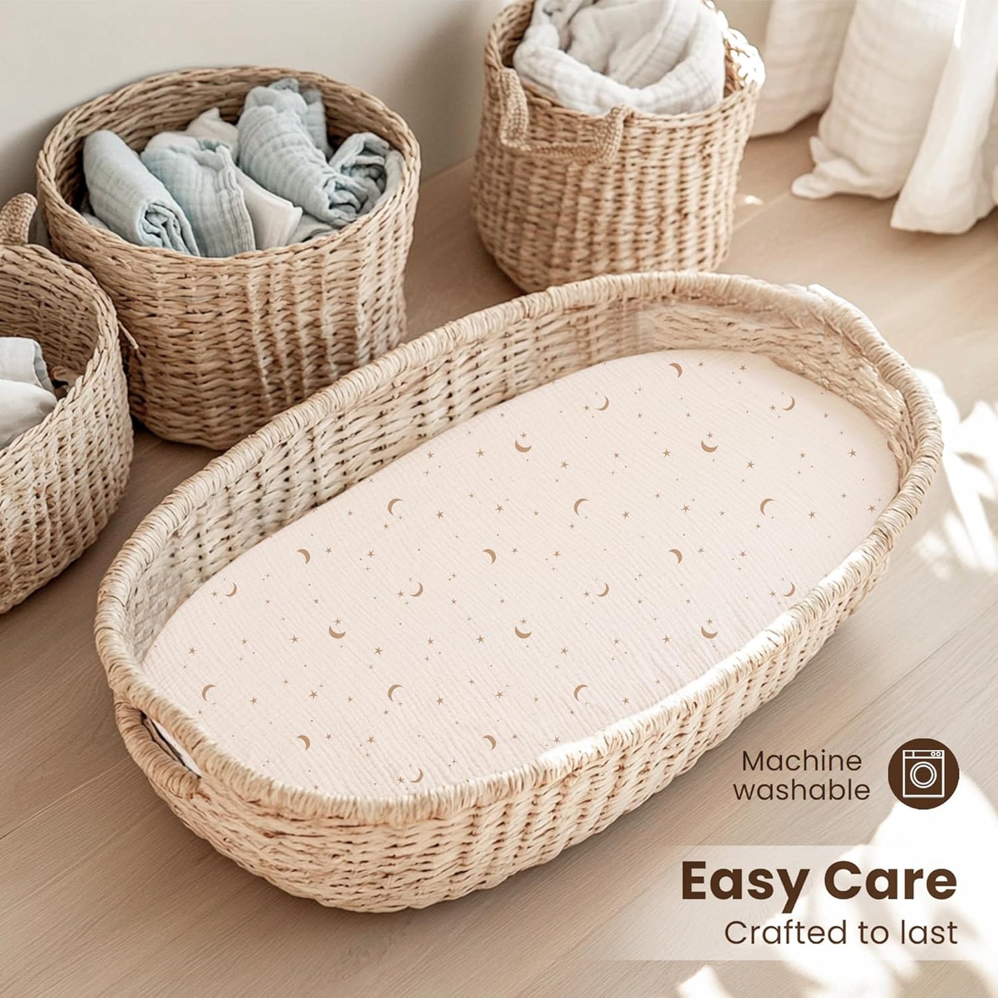Konssy Muslin Fitted Bassinet Sheets 2 Pack for Baby Girl Boy, Soft Bedside Sleeper Bassinet Sheets Fit for Baby Bassinets, Moses Basket Oval Rectangle Pad/Mattress
