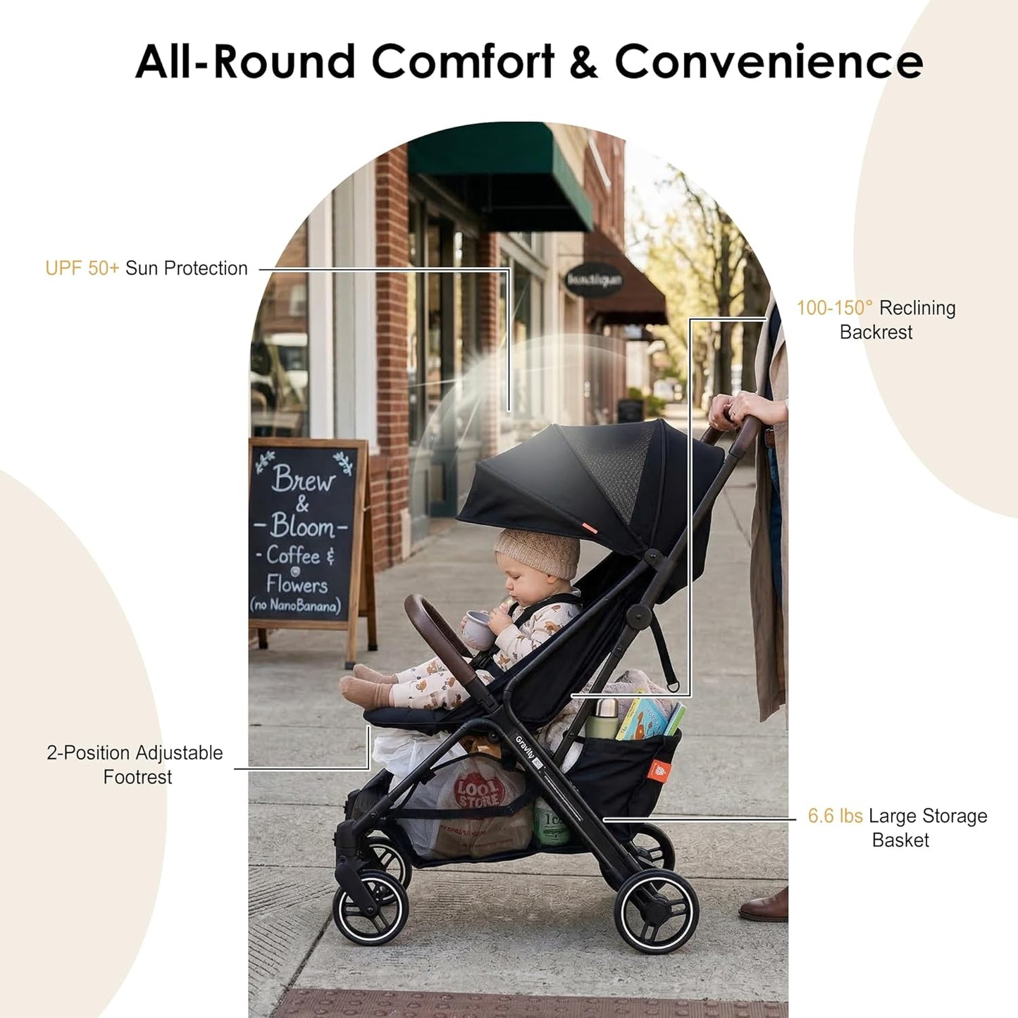 Lightweight Travel Stroller, One-Hand Fold Airplane Carry-On, Compact Baby & Toddler Stroller with Cup & Phone Holder, 6.6 lbs Capacity Basket, Adjustable Reclining Backrest, Black