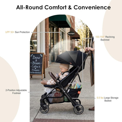 Lightweight Travel Stroller, One-Hand Fold Airplane Carry-On, Compact Baby & Toddler Stroller with Cup & Phone Holder, 6.6 lbs Capacity Basket, Adjustable Reclining Backrest, Black