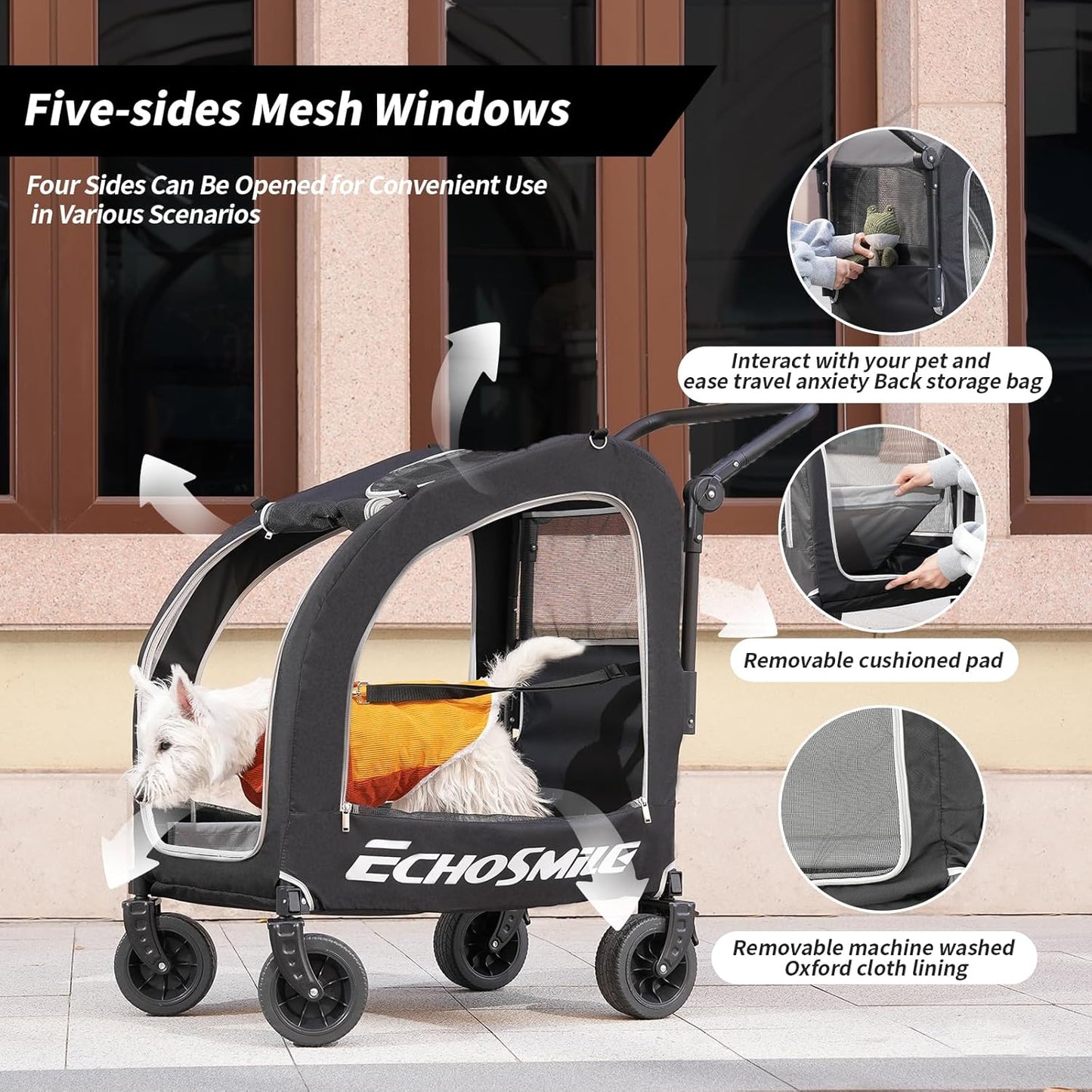 EchoSmile 4 Wheels Pet Stroller, Dog & Cat Stroller for All-Season, Lightweight Carrier with Storage Basket, Adjustable Handle, Removable Pad, Breathable Mesh, Up to 135 lbs, Grey