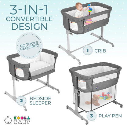 KoolerThings 3 in 1 Baby Bassinet, Bedside Sleeper, & Playpen, Easy Folding Portable Crib (Black)- KoolaBaby (Mesh Bassinet)