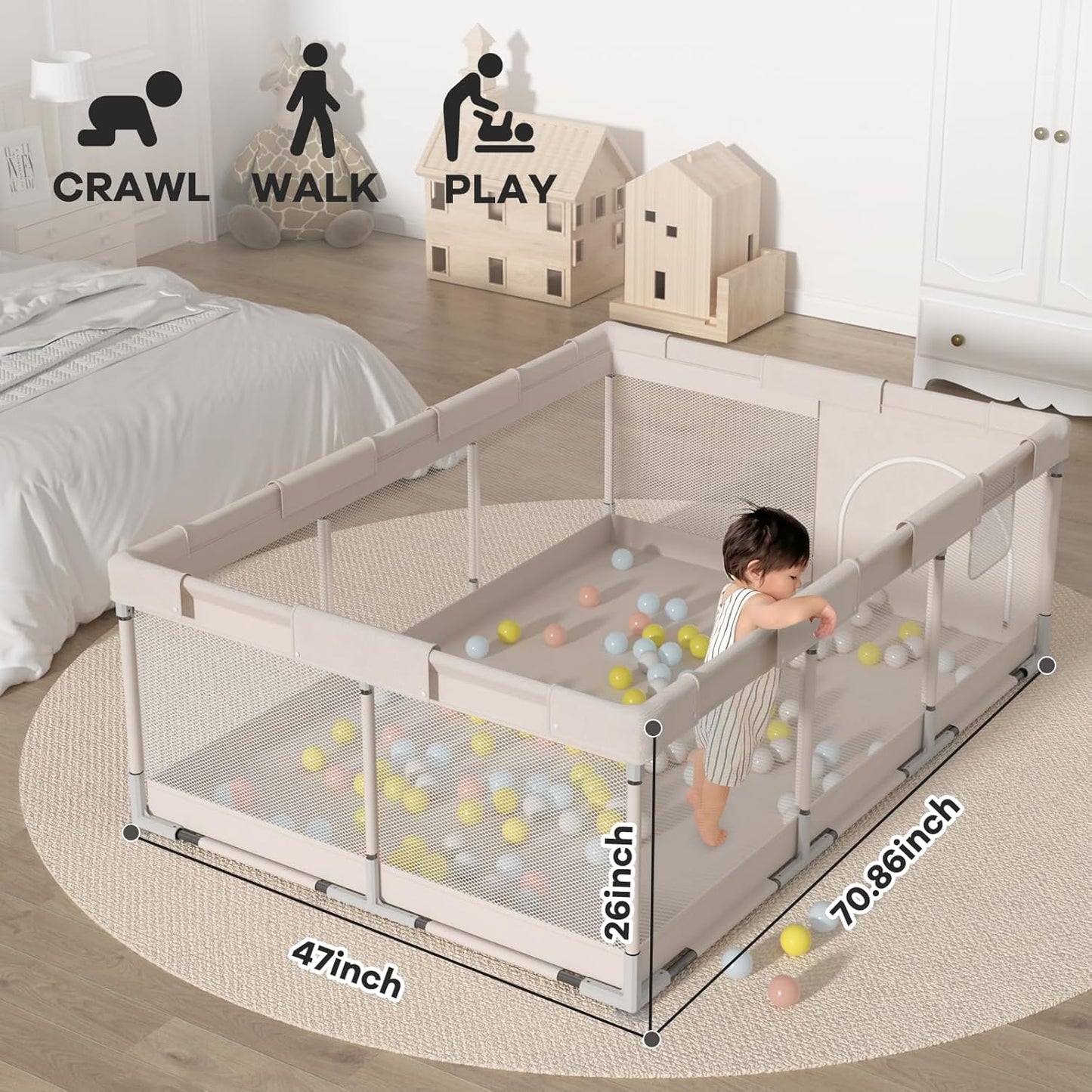ZEEBABA Baby Playpen with Mat, Playpen for Babies and Toddlers, Small Baby Play Pens, Play Yard for Infants with Play Mat, 47x47inch Playard with Gate