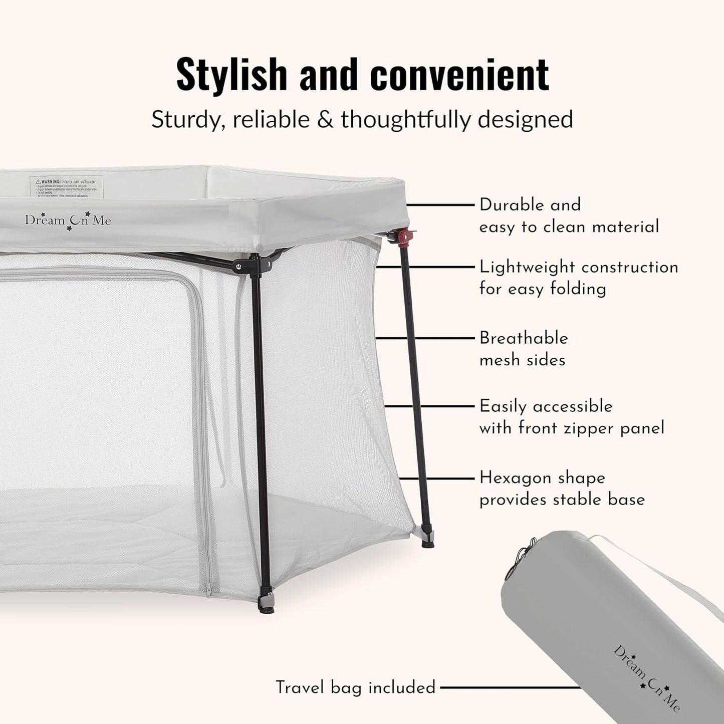 Dream On Me Onyx Baby Playpen, Zipper Access Door, Breathable Mesh Sides, Soft Comfortable Mattress Padded Floor, Easy Fold Design with Travel Carry Bag, Compact Easy to Fold Design - Grey