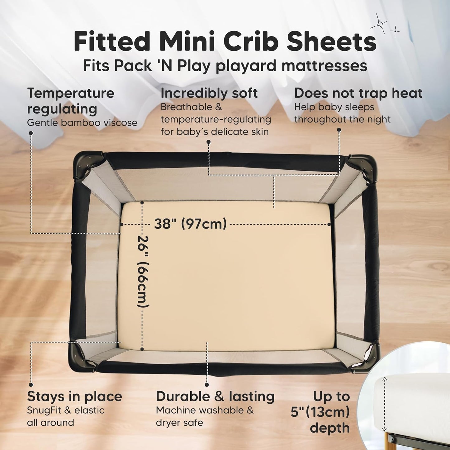 2-Pack Waterproof Pack and Play Sheets, Mini Crib Sheets Fitted for Boy, Girl - 38 x 26 Viscose from Bamboo Pack N Play Mattress Sheets for Graco, Toddler Playard Baby Crib Sheets Neutral (Blue Flax) - Colors A