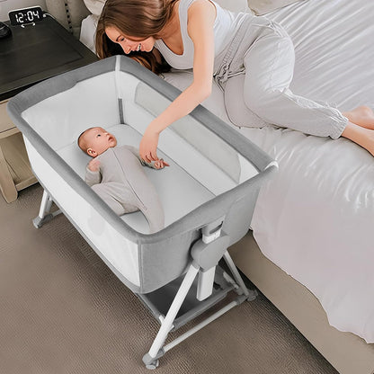 Cowiewie Bassinet Bedside Sleeper, Baby Bassinet with 7 Adjustable Height, Bedside Bassinet for Baby with Storage, Breathable Mesh & Mattress, Portable Bassinet Easy Folding (Pyramid Light Gray)