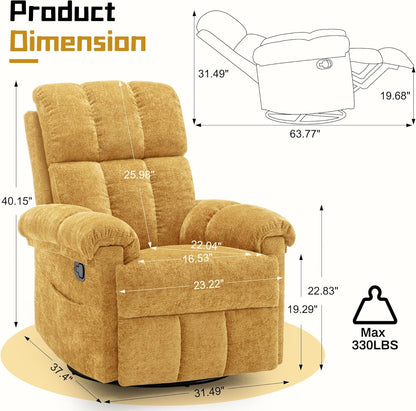Korser Recliner Chair, Swivel Rocker Recliner Chair for Adults, Small Recliners for Small Spaces, Upholstered Manual Recliner with Side Pockets, Nursery Rocking Chair for Living Room, Chenille, Beige