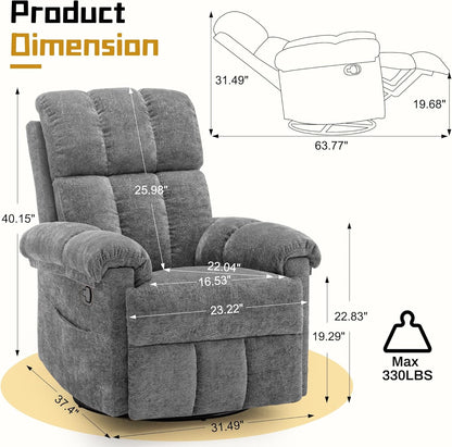 Korser Recliner Chair, Swivel Rocker Recliner Chair for Adults, Small Recliners for Small Spaces, Upholstered Manual Recliner with Side Pockets, Nursery Rocking Chair for Living Room, Chenille, Beige