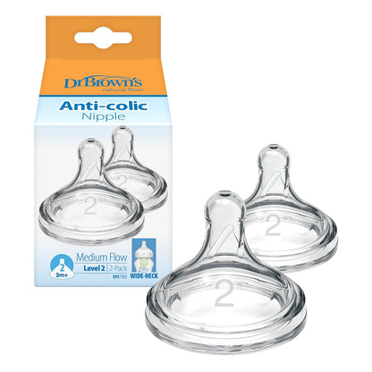 Dr. Brown’s Natural Flow® Level 2 Wide-Neck Baby Bottle Silicone Nipple, Medium Flow, 3m+, 100% Silicone Bottle Nipple, 6 Pack