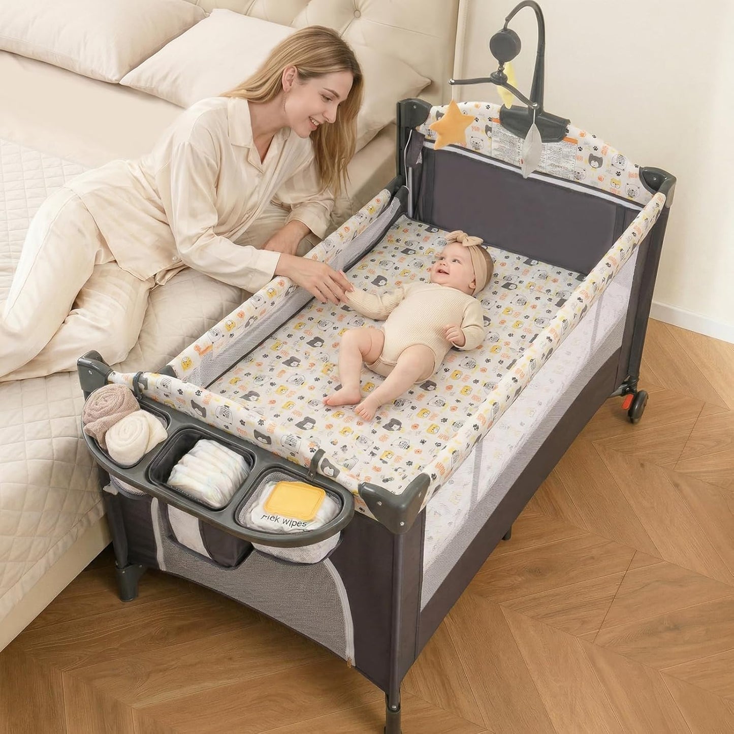 INFANS Pack and Play, 5 in 1 Baby Bedside Sleeper with Bassinet, Diaper Changer, Mattress, Carry Bag, Music Box Hanging Toys, Foldable Bedside Crib, Portable Playard for Newborn Toddlers (Gray)