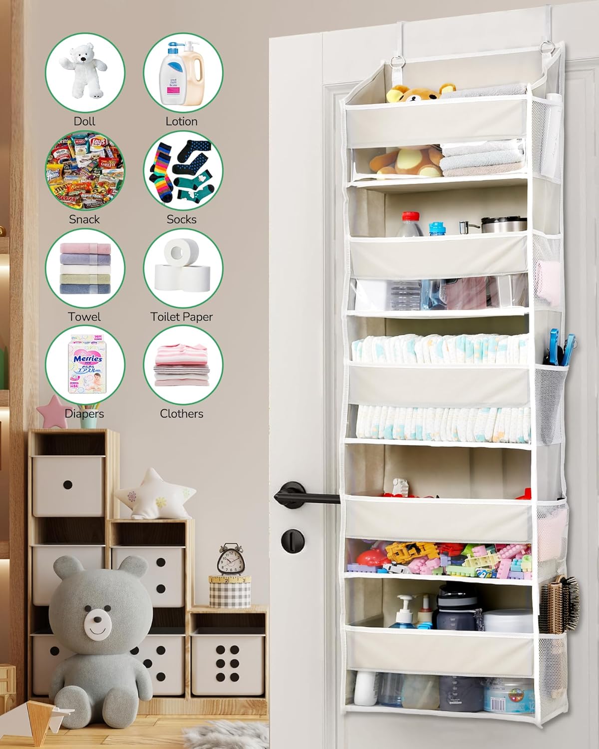 ULG 1 Pack Over Door Organizer with 5 Large and 10 Mesh Side Pockets, 44 lbs Weight Capacity Hanging Storage with Clear Window Kids Toys, Shoes, Diapers, Dark Grey, 5 Layers