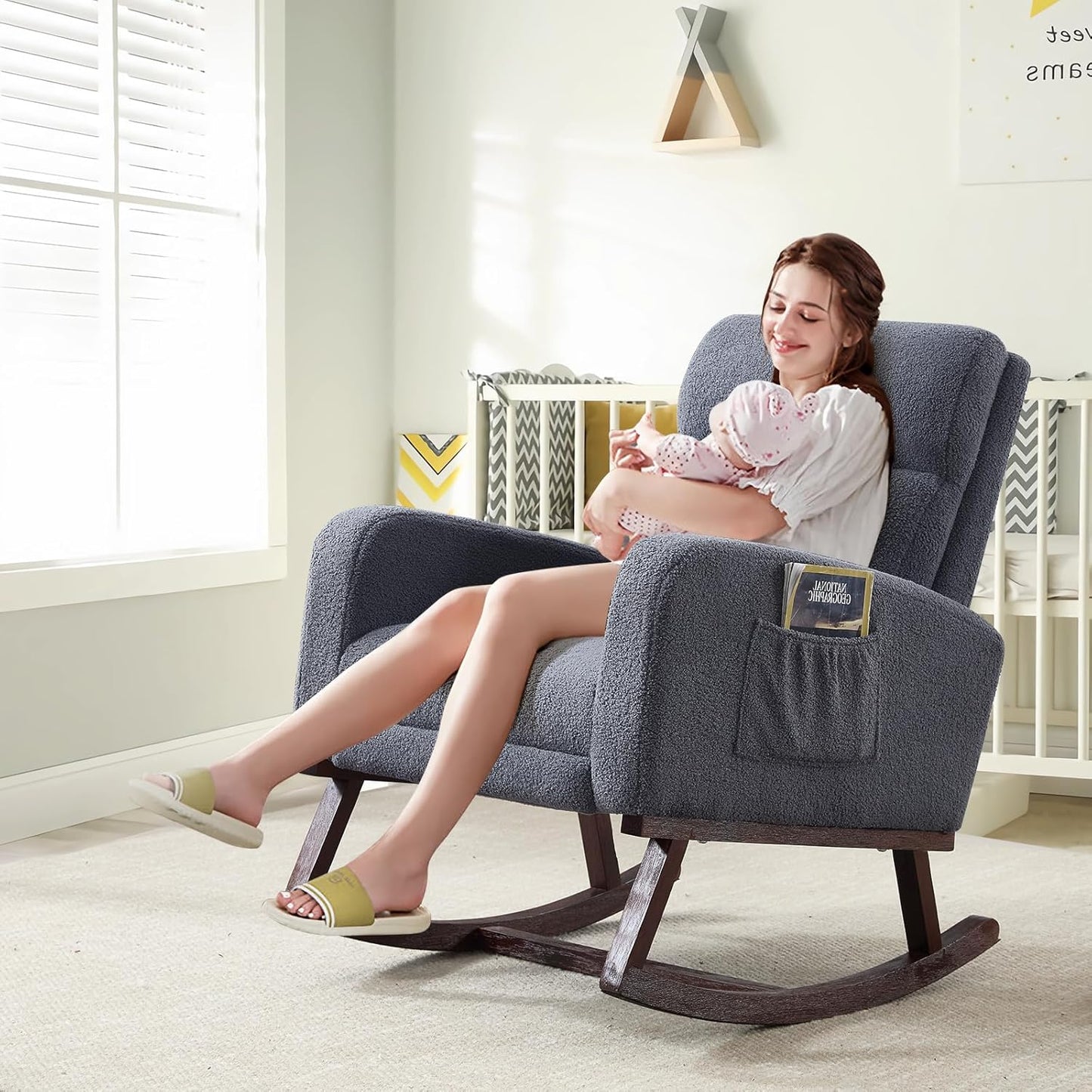 HCHAIRH Rocking Chair Nursery, Nursing Rocking Chairs with Foot Rest for Mom Nursery, Glider Rocker Chair with Footrest and High Backrest for Living Room, Bedroom, Beige