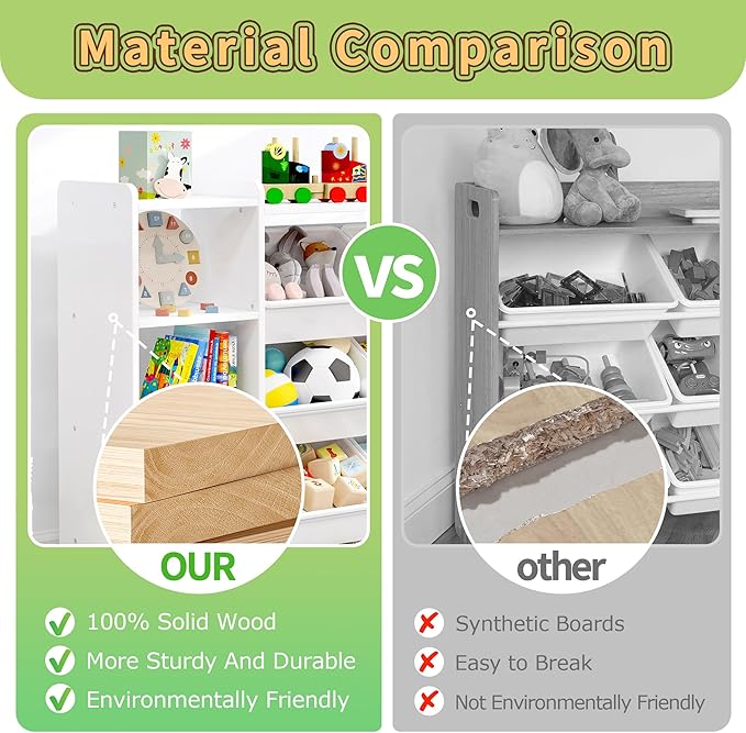 MallBest 4-Tier Kids' Toy Storage Organizer Shelf - 100% Solid Wood,Children's Storage Cabinet with 9 Plastic Bins and 3 Storage Ports(White-Single Color)