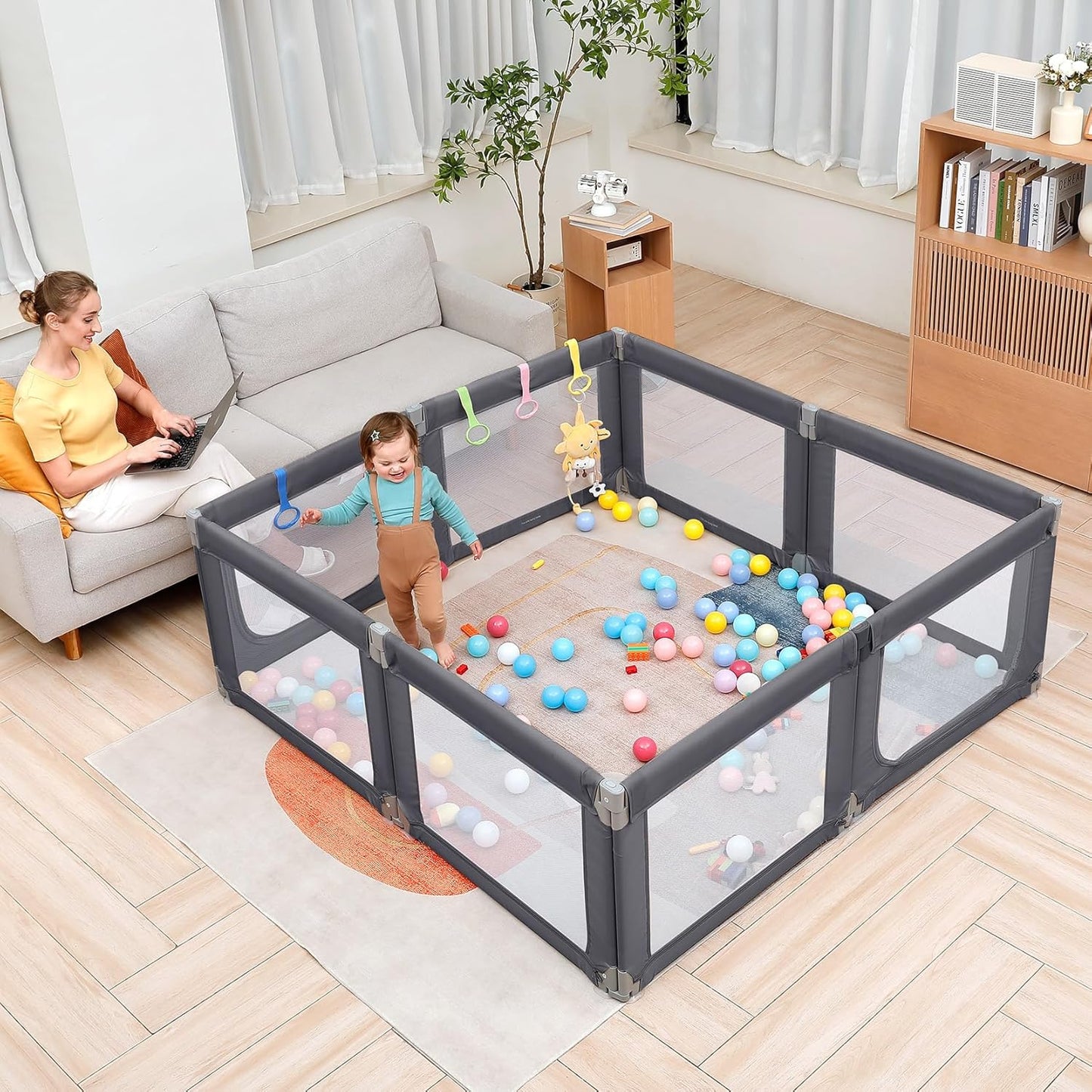 Dripex Baby Playpen, 47"x47" Small Playpen for Babies, Enhanced Safety Baby Play Yard for Indoor & Outdoor, Infant Play Pen with Soft Breathable Visible Mesh, Anti-Fall Design & Easy Setup, Grey
