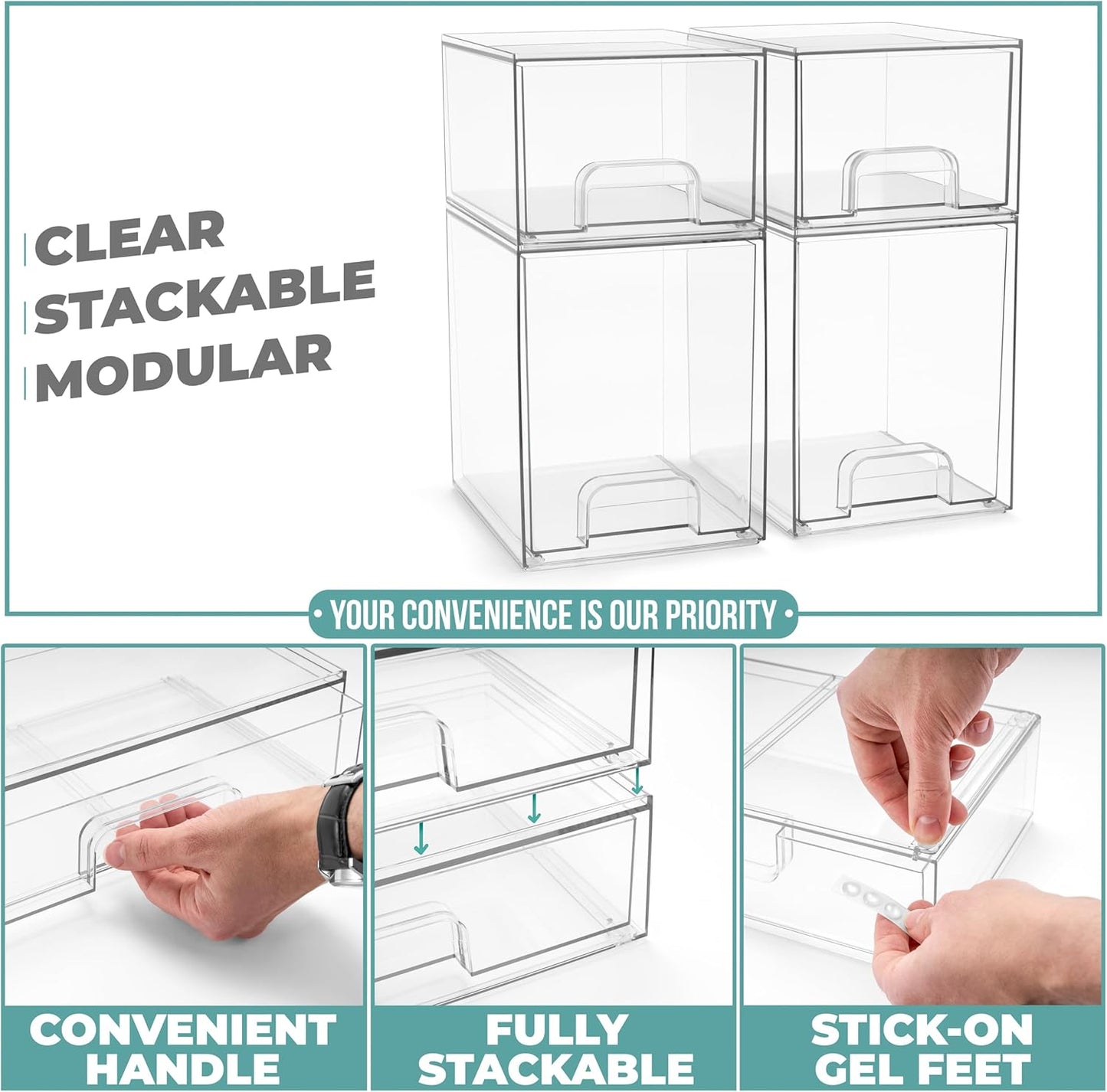 Sorbus Stackable Acrylic Storage Drawers – 2 Small + 2 Tall + 1 Wide – 5 Pack Clear Plastic Organizer Bins for Baby Bottles, Makeup, Bathroom & Vanity, Pull-Out Drawer Design for Kitchen Cabinets