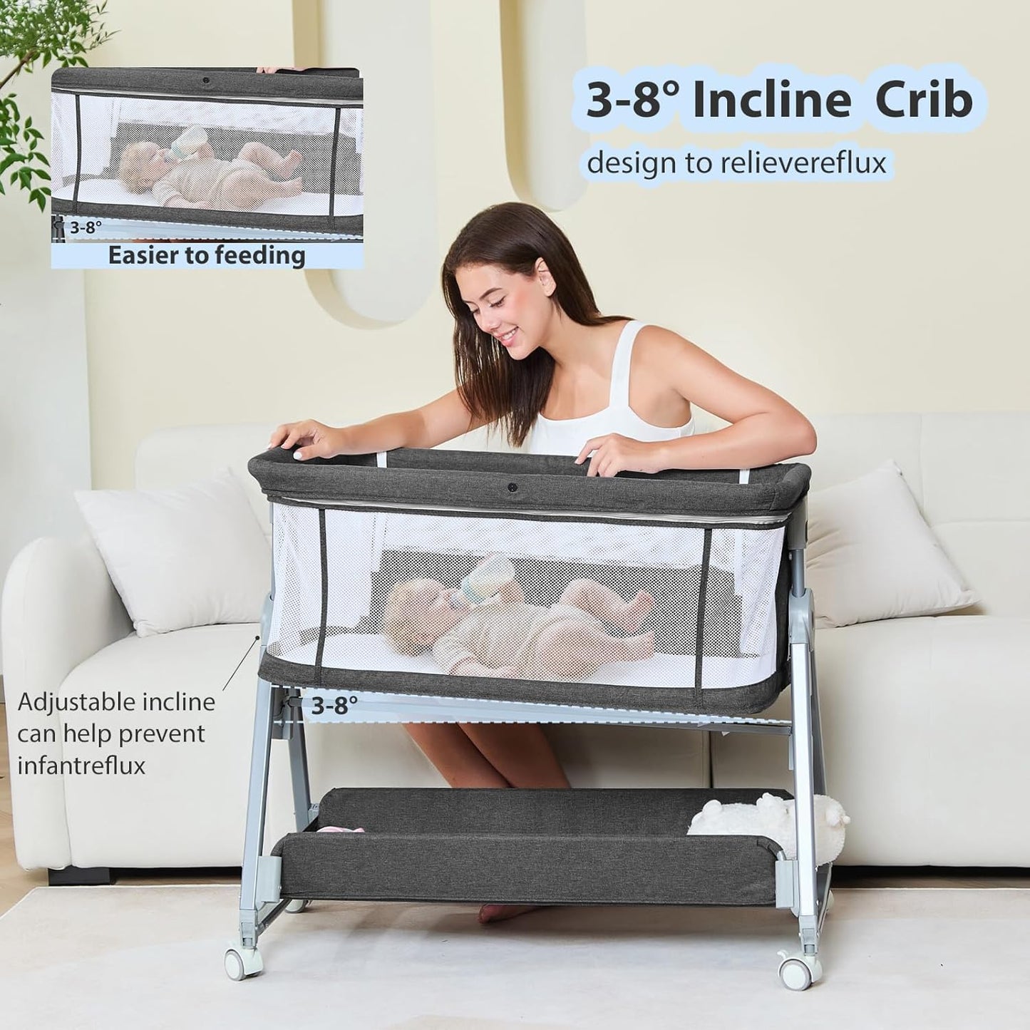 3-in-1 Baby Bassinet Bedside Sleeper with Wheels Bedside Bassinet for Newborn and Infant with Mattress and Storage Basket | Adjustable Height & Angle (13.5-18") | ASTM/CPSIA Certified (Pink)