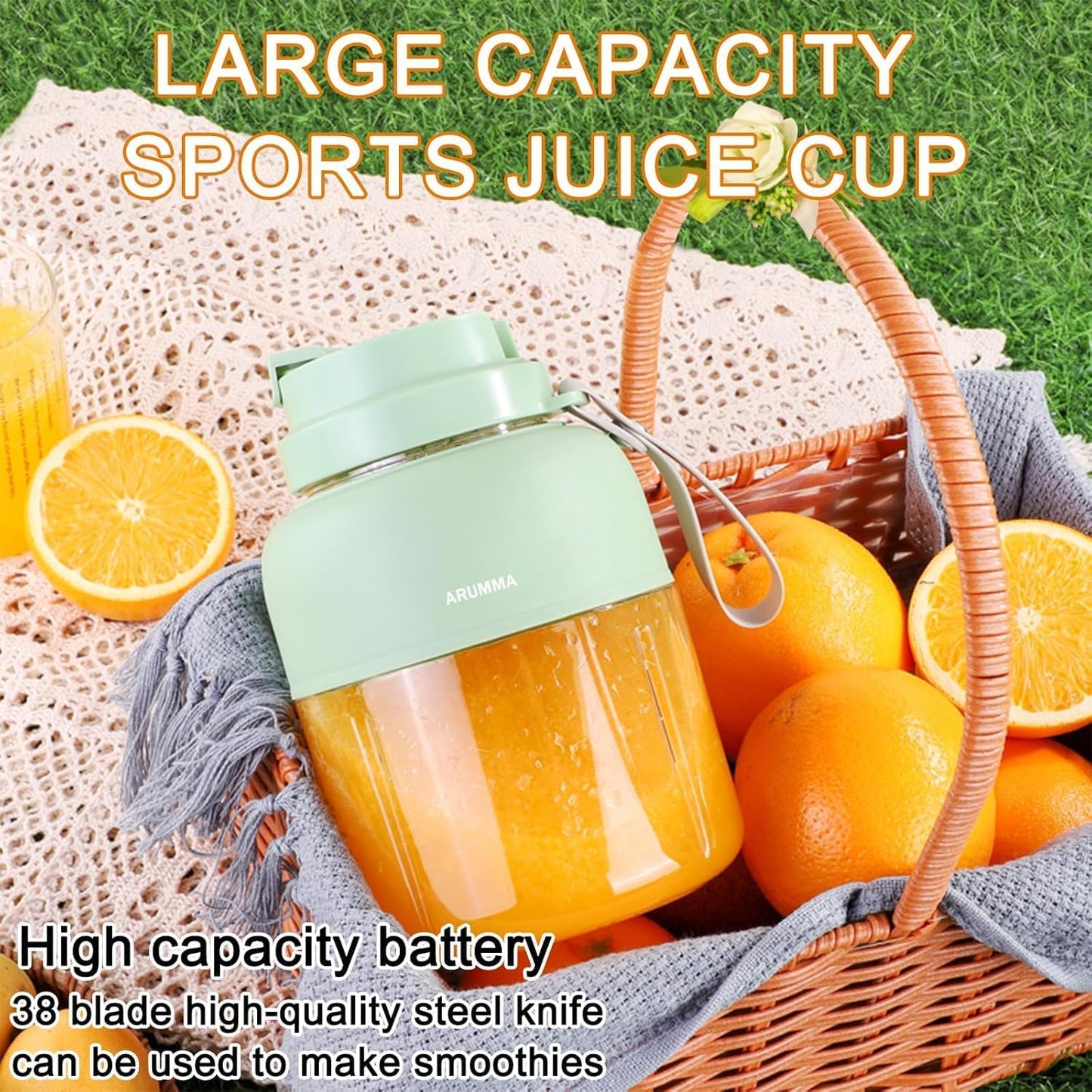 Portable Juice Cup Blender for Smoothies Shakes Fruit Crush Baby Food Maker 43oz 1300ML USB Charging Cordless Food Grade Blades Electric Smoothie Blender for Small Ice Kitchen Outdoor