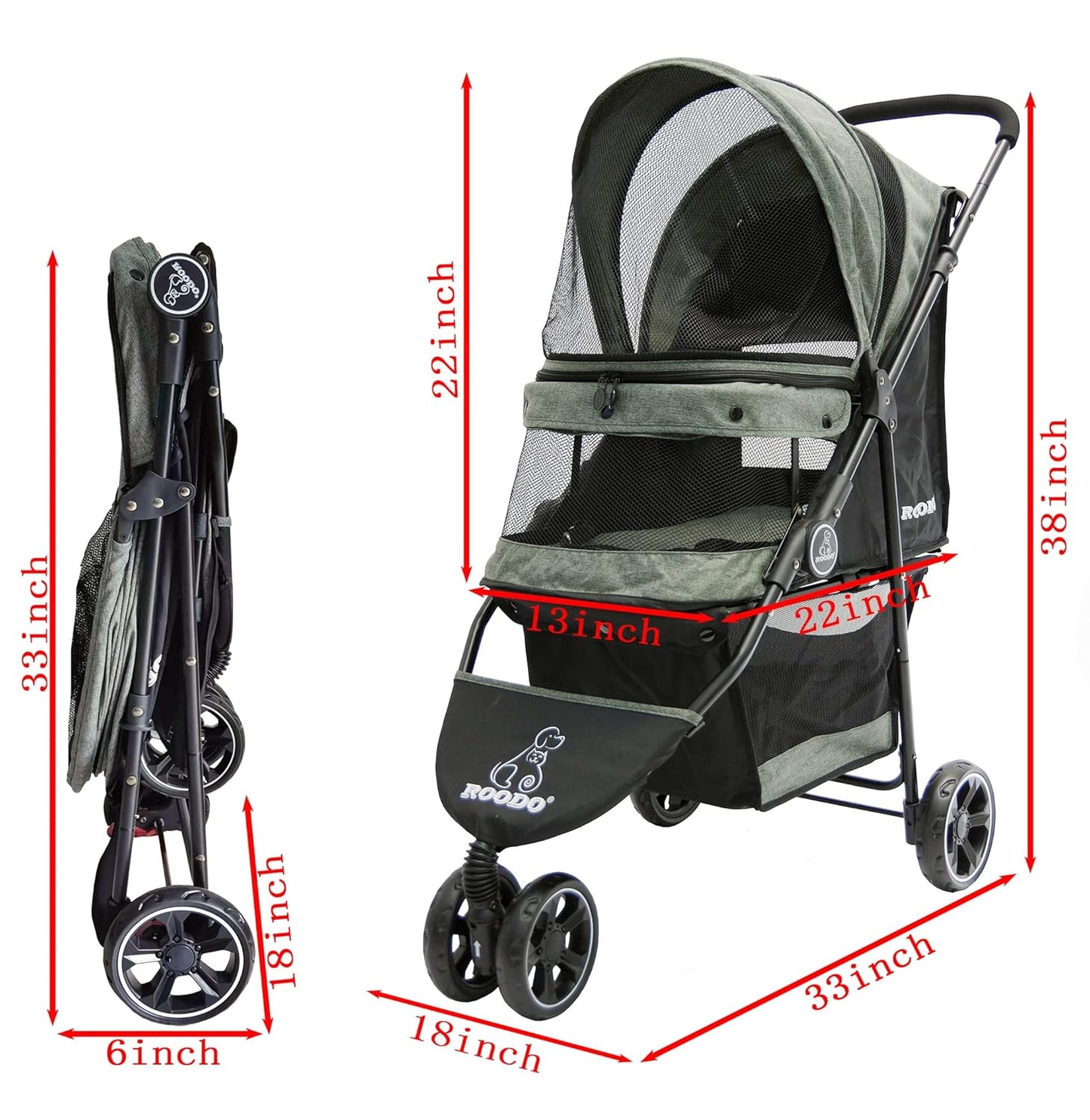 ROODO 3 Wheel Dog Pet Cat Stroller Best Lightweight Foldable Compact Portable Jogger All Terrain Travel Pet Gear Puppy Kitty Stroller for up to 30lbs Medium Small Dogs and Cats(Light Khaki)