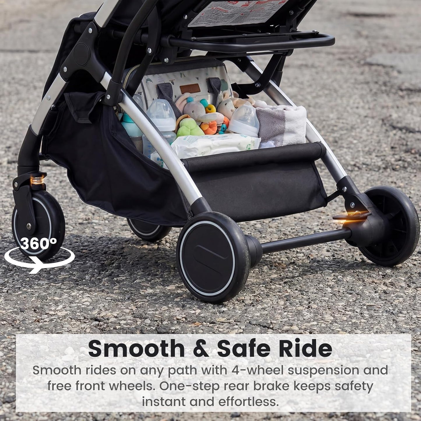 INFANS Travel Stroller, Lightweight Compact Baby Stroller for Airplane with One-Hand Fold, Multi-Position Recline, Canopy, 4 Wheel Suspension, Storage Basket (Grey+Black)