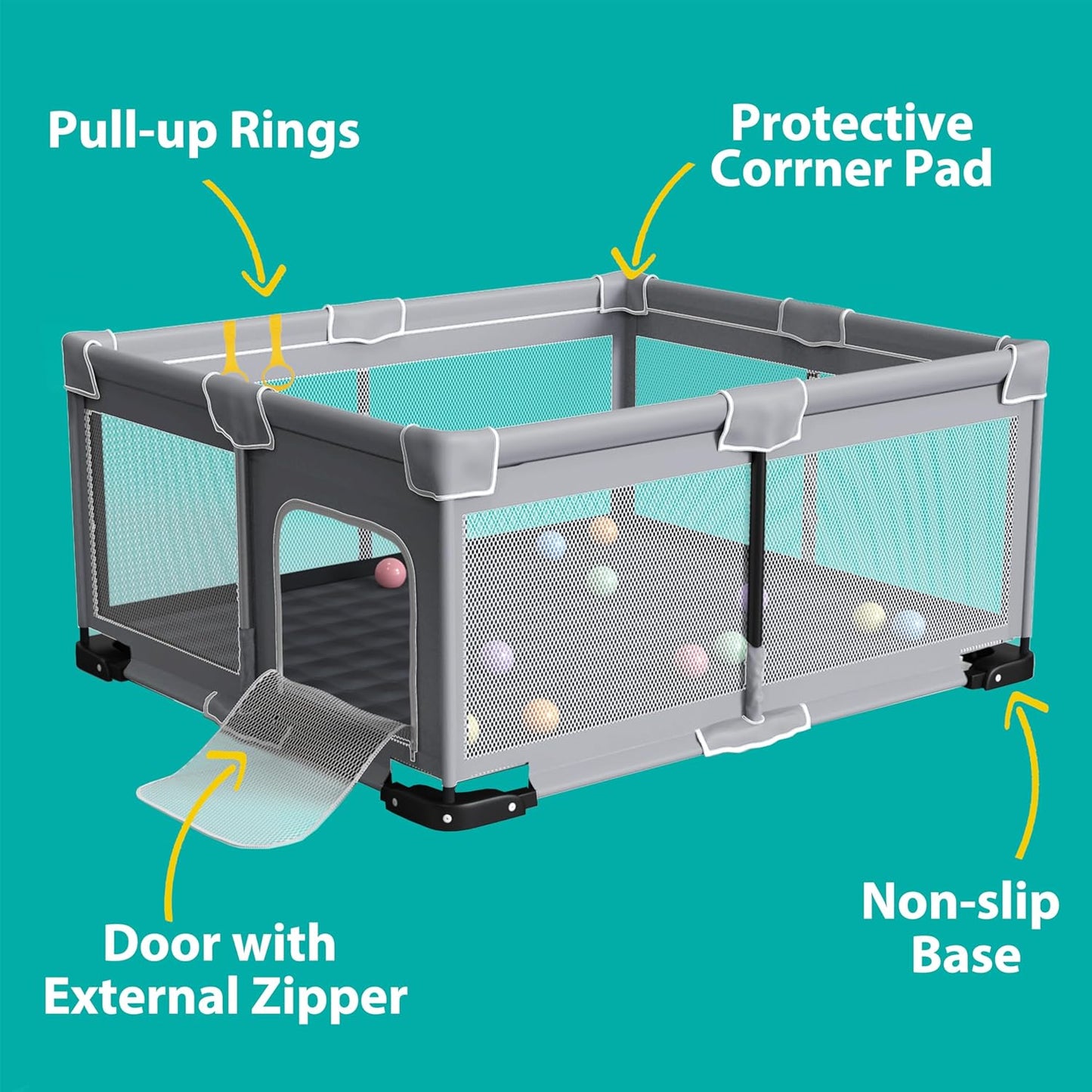 ICAREWAY Foldable Playpen for Babies and Toddlers, 50x50 Inches Portable Playpen, Kids Collapsible Play Pen with 2 Handlers, Indoor & Outdoor Baby Fence Play Area with Visible Mesh, Dark Gray