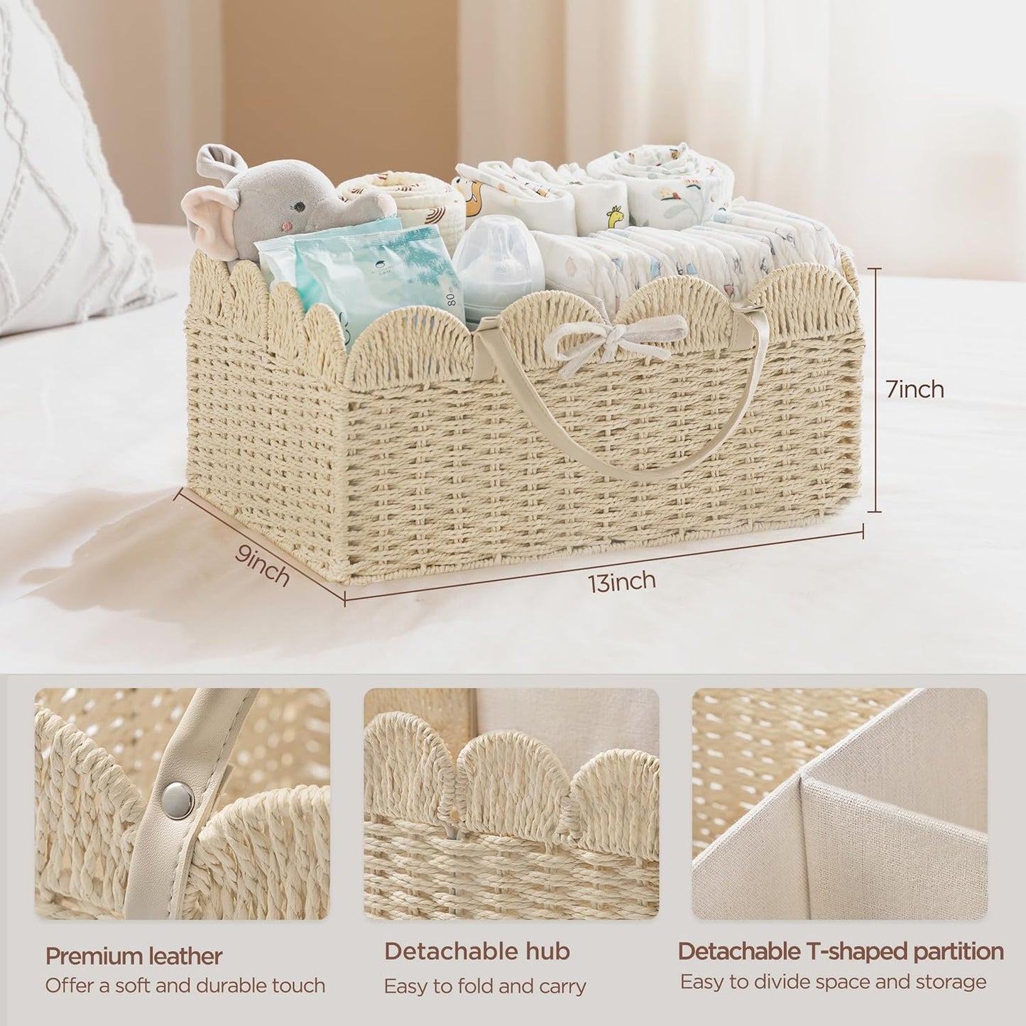 HBlife Large Baby Diaper Caddy, Paper Rope Storage Baskets Nursery Bin with Removable Divider, Portable Car Organizer for Diapers, Baby Shower Gifts, Newborn Essentials Must Haves