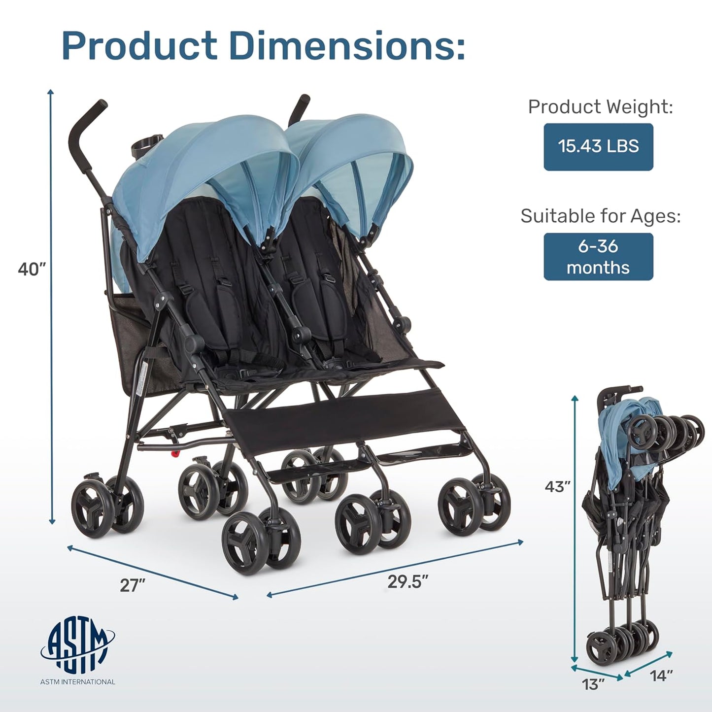 Dream On Me Twin Venture Umbrella Stroller in Pink, Multi Backrest Positions, Adjustable & Removable Canopy Double Stroller, 360°Swivel Wheels with Locks
