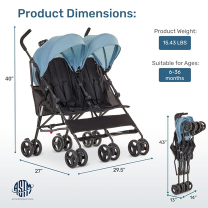 Dream On Me Twin Venture Umbrella Stroller in Pink, Multi Backrest Positions, Adjustable & Removable Canopy Double Stroller, 360°Swivel Wheels with Locks