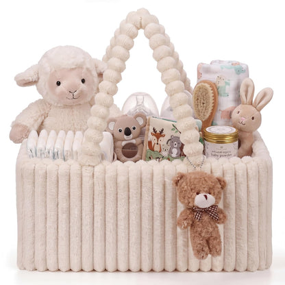 Flannel Baby Diaper Caddy Organizer with Teddy Bear, Baby Shower Gift Basket with Handle, Portable Nursery Storage Basket Bin for Diapers, Wipes, Newborn Essentials (White)