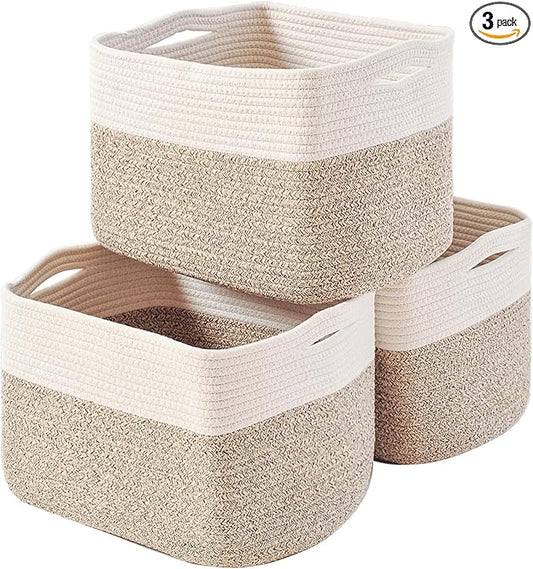 ICERZCZ Storage Baskets for Organizing, Woven Cotton Rope Basket for Storage Books, Baby Organizing Baskets, Toy Storage Basket, 15"x11"x9.5", 3 Packs, Off White & Brown