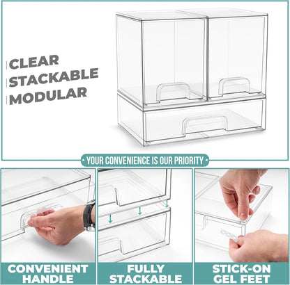 Sorbus Stackable Acrylic Storage Drawers – 2 Small + 2 Tall + 1 Wide – 5 Pack Clear Plastic Organizer Bins for Baby Bottles, Makeup, Bathroom & Vanity, Pull-Out Drawer Design for Kitchen Cabinets